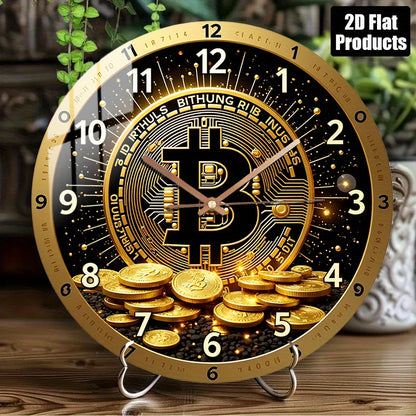 12-Inch Bitcoin Cryptocurrency Glass Wall Clock - Silent Quartz Movement with Golden ₿ Symbol & Circuit Board Design, Modern Minimalist Crypto Decor for Home Office, Bitcoin Price Display, Durable Glass Face (AA Battery Not