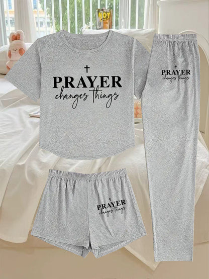 3pcs Women's Pajama Set - Faith Prayer Theme Sleepwear with Verse Print (Prayer Changes Things), Short Sleeve T-Shirt, Shorts & Lounge Pants - Breathable Pajamas for Bedtime, Church & Casual Attire - Machine Washable
