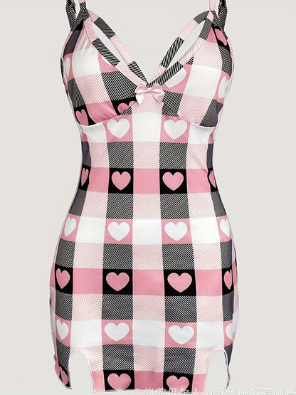 Women's Heart Plaid Fashion Set Split Top & Slit Skirt Combo for Home Wearing/Themed Dating/Stylish Streetwear Sweet Eye-catching Heart Plaid Design Comfort Fit Female Fashion Outfit