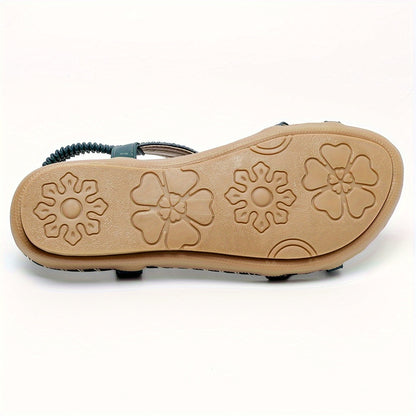 Tribal Style Striped Flats for Women, Summer Beach Sandals with Rhinestone Accents, Open Toe Slip-on with TPR Sole, Bohemian Casual Vintage Flat Heel Shoes - Huizhou Production