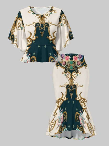 2pcs Women'S 3D Printed Outfit | Short-Sleeve Top & Mermaid Hem Skirt with Vibrant Geometric All-Over Print, Unique Textures, Comfortable Fabric, Elegant & Trendy Style for Casual Outings