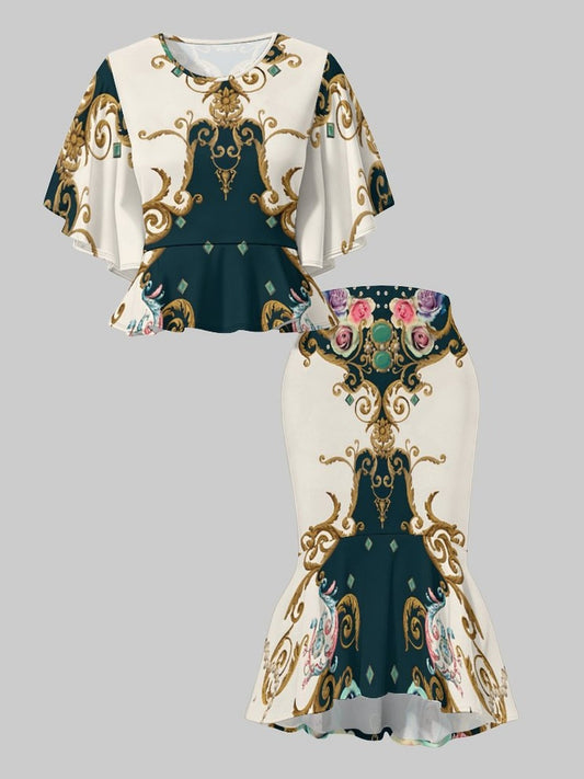 2pcs Women'S 3D Printed Outfit | Short-Sleeve Top & Mermaid Hem Skirt with Vibrant Geometric All-Over Print, Unique Textures, Comfortable Fabric, Elegant & Trendy Style for Casual Outings