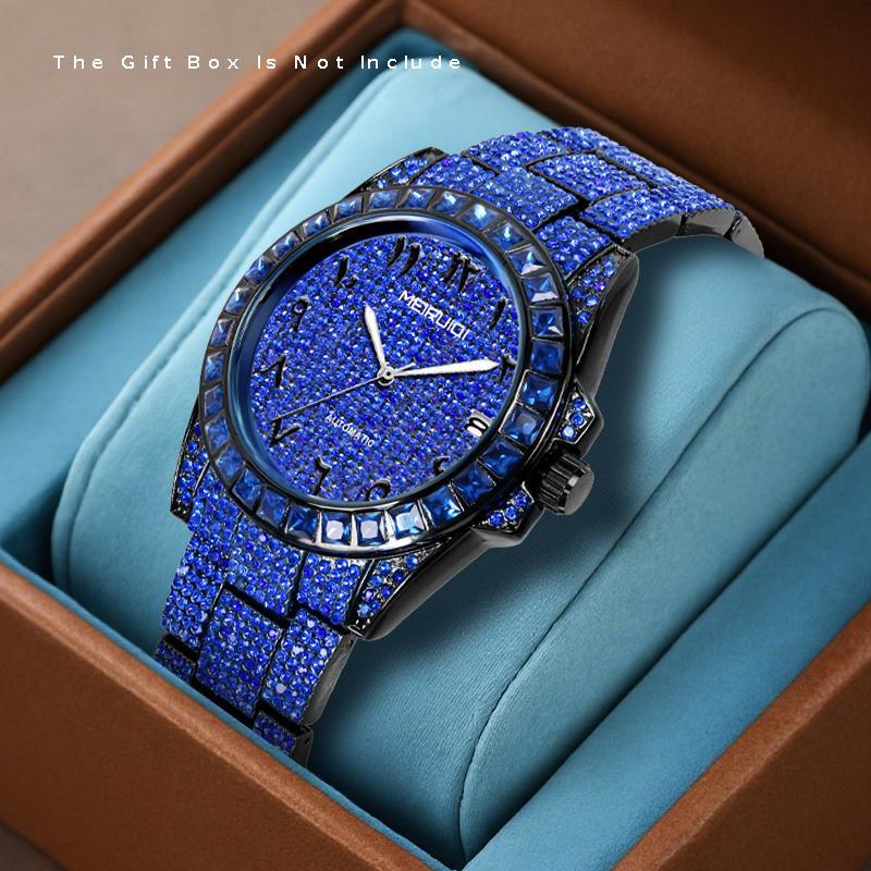 1pc Men'S Luxury Blue Steel Strap Watch - Gorgeous Starry Sky Tourbillon Mechanical Movement, Round Dial with Date Display, Alloy Case & Strap, No Battery Needed, Elegant Timepiece for Casual Attire, Formal Accessory, Sophist