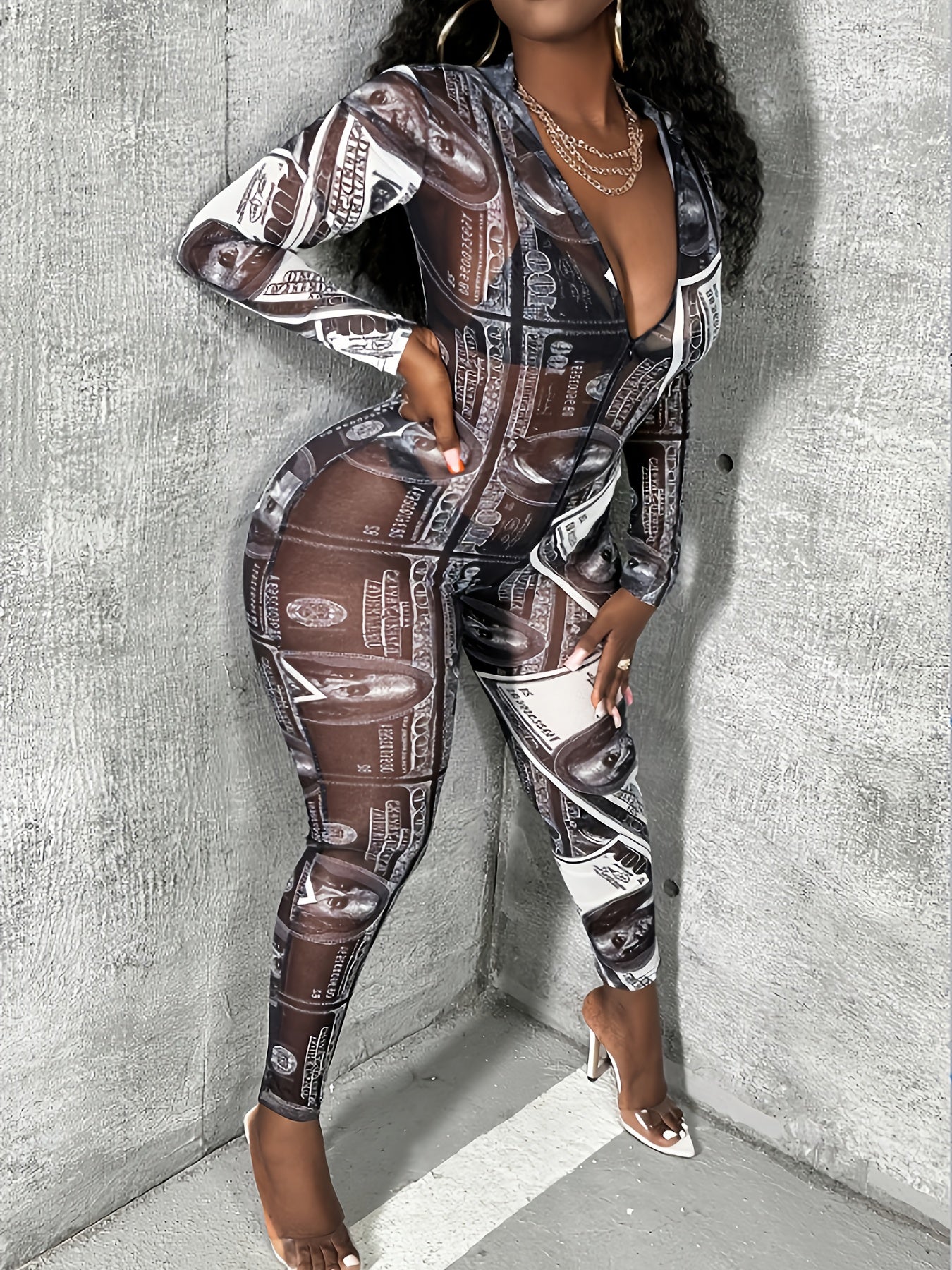 Full Lace Printed Fitted Jumpsuit, Ruched Neckline with Bag, Body-hugging Design, Stunning Neckline Back. The Wearable Face Body Wraps are Suitable for Women at All Ages, Making Anyone Smaller and Lovelier.