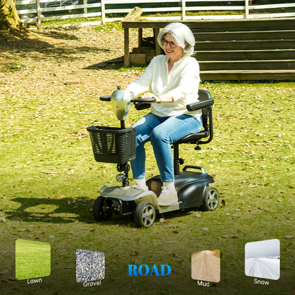 Adult And Mobility Scooter: 250W Four-wheel Foldable Scooter with A Speed Of 6 Mph, 24V 13Ah A Range Of 15 Miles, A 360° Swivel Seat, A Removable Shopping Basket And LED Headlights.