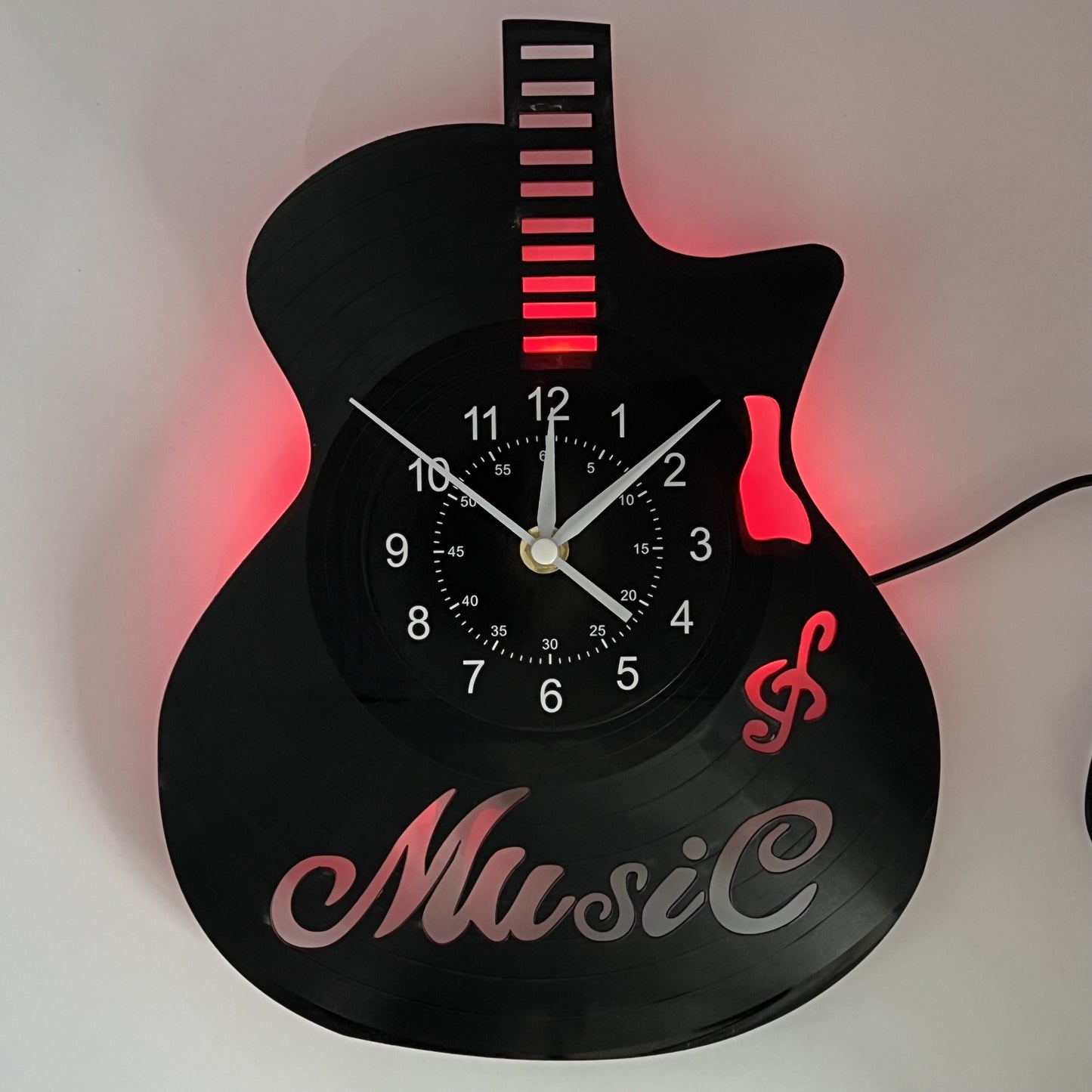 Handmade Guitar-Shaped Vinyl Record LED Wall Clock - Unique Musical Theme, Irregular Shape, Flat Crown, Digital Display, Battery Operated (AA Not Included) - Ideal for Living Room, Bedroom, Office, Music Room Decor - Perfect