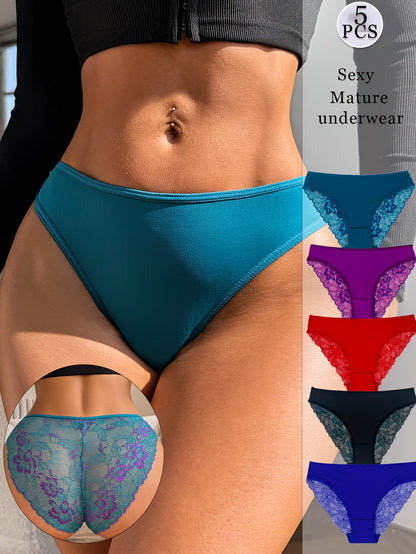 5pcs Women's Brief Underwear - Sexy Contrast Lace, Semi-Sheer Polyamide Knit Fabric - Elegant Drop Waist | Smooth & Soft | Hand Wash Only