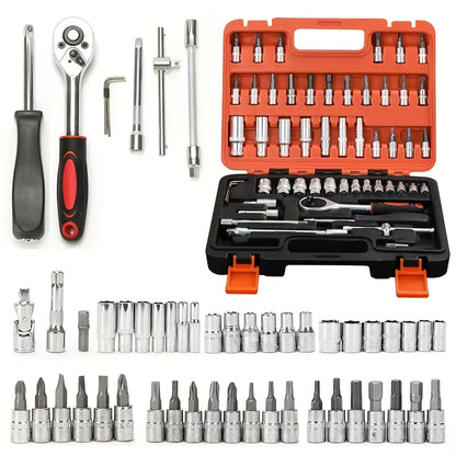 High-End Professional 53&121pcs Tool Set, Car/Bike Repair Machinery Tool Set, 1/2*1/4 "3/8" Drive Depth And Standard Socket, Professional Racing Car Parts Repair Ratchet Wrench And Other Car Repair Parts Tool Set