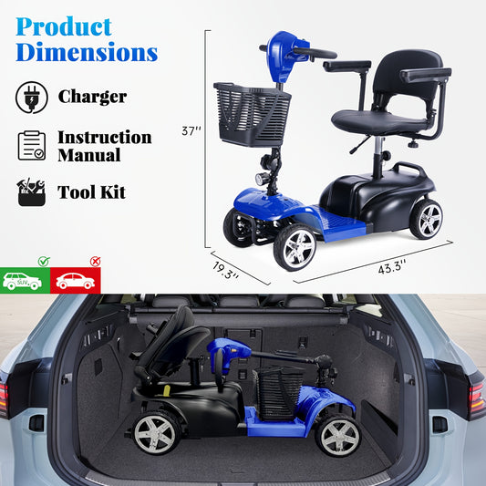 This 4-wheel Electric Mobility Scooter, Designed for Seniors And Individuals with Disabilities, Features A 350W Motor, 12.5Ah 6 Mph Top Speed, 15-mile Range, 360° Rotating Seat, LED Headlights, Detachable Shopping Basket, An