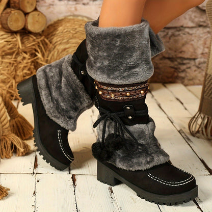 Ethnic Cowboy Boots for Men - Women's Mid-Calf Boots - High Heel Ankle Boots with Faux Fur Lining - Autumn and Winter