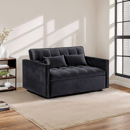 54" Black Velvet 3-in-1 Convertible Sofa Bed with Adjustable Backrest & Pull-Out Sleeper - Space-Saving Sleeper Sofa with Storage Pocket, Hardwood Frame, Modern 2-Seater for Small Apartments, Living Room, Guest Room - No Asse