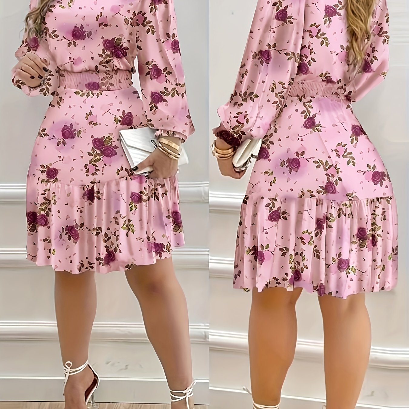 Pink Rose Floral Dress | Stand Collar Long Sleeve Smocked Waist Tiered Mini Dress, Elegant Ruffle Details, Perfect for Date Afternoon Tea, Sexy Short Dress for Fall/Winter
