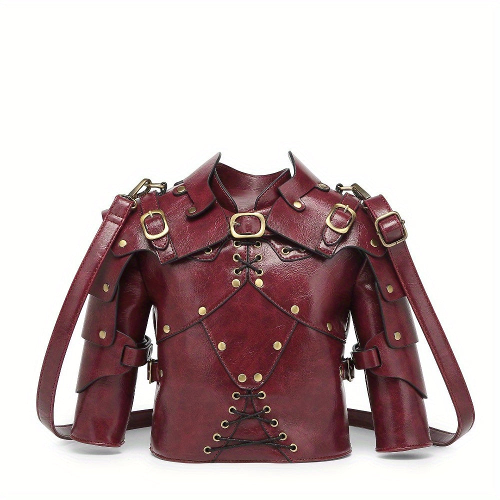 Punk Vintage Style Crossbody Bag Gothic Rivet Crossbody Bag - Double Zipper Pockets, with Adjustable Shoulder Strap, Dark Industrial Medieval Style, Armor Shaped Street Single Shoulder Bag for Men and Women