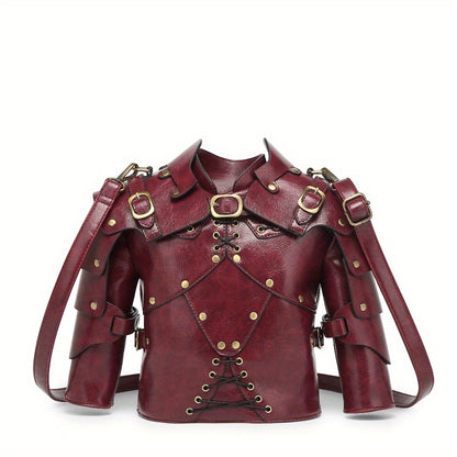 Punk Vintage Style Crossbody Bag Gothic Rivet Crossbody Bag - Double Zipper Pockets, with Adjustable Shoulder Strap, Dark Industrial Medieval Style, Armor Shaped Street Single Shoulder Bag for Men and Women