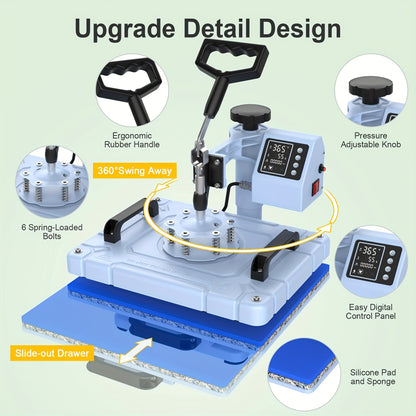 5-in-1 Heat Press Machine, 12x15 Inch Multifunctional Heat Transfer Combo With 360° Swing Away For T-Shirts, Mugs, Hats, Plates, And Caps