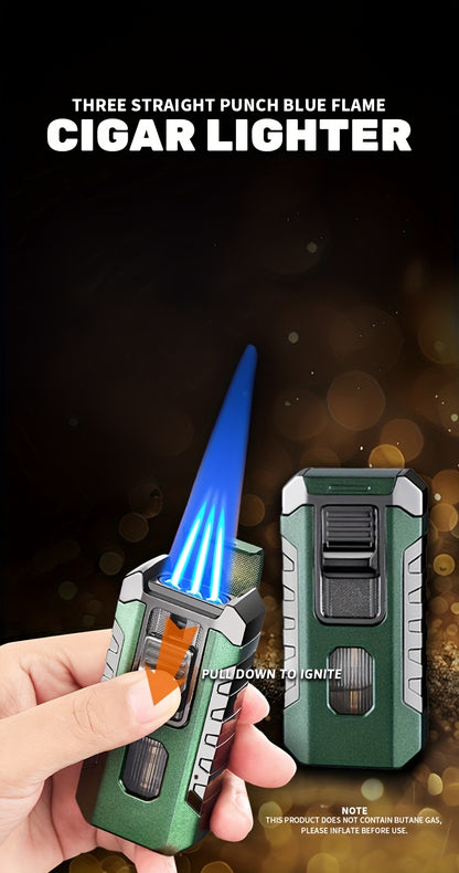 A Lighter That Resists Wind, Featuring a Triple Flame with Direct Injection, Made of Metal And Equipped with a Viewing Window. It'S a Refillable, Portable Lighter with an Adjustable Flame