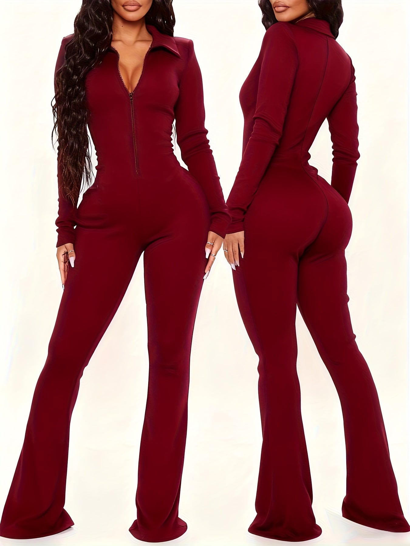 Slim-fit Flared Pants Long Sleeve Half Zipper Collar Onesie | Women'S Autumn and Winter Commuter Fashion Wear, Elegant Solid Color Style