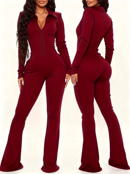 Slim-fit Flared Pants Long Sleeve Half Zipper Collar Onesie | Women'S Autumn and Winter Commuter Fashion Wear, Elegant Solid Color Style