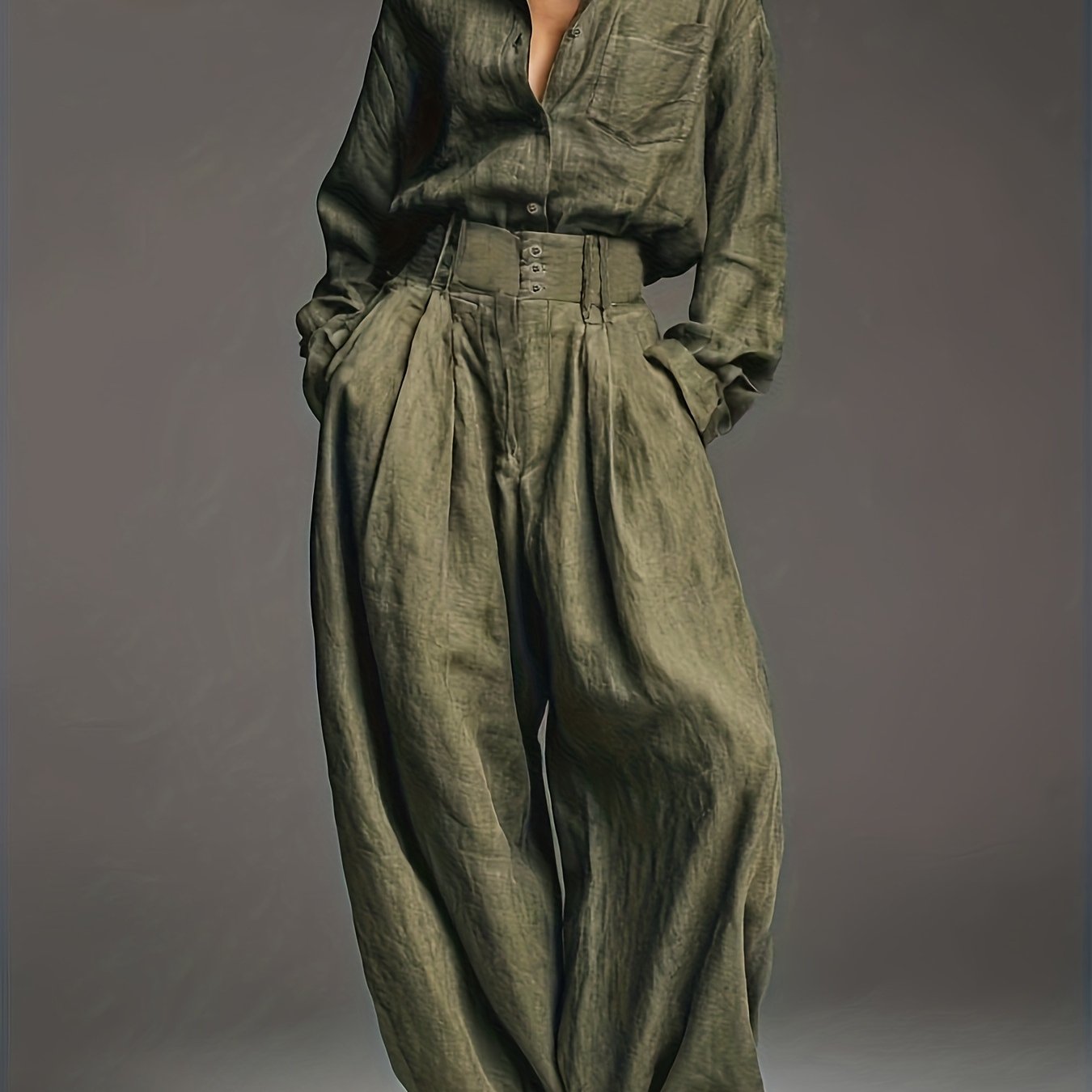 Early Autumn Women'S Fashion Two-Piece Set | Solid Color Shirt and Pants with Casual Style and Fake Buttons Detail