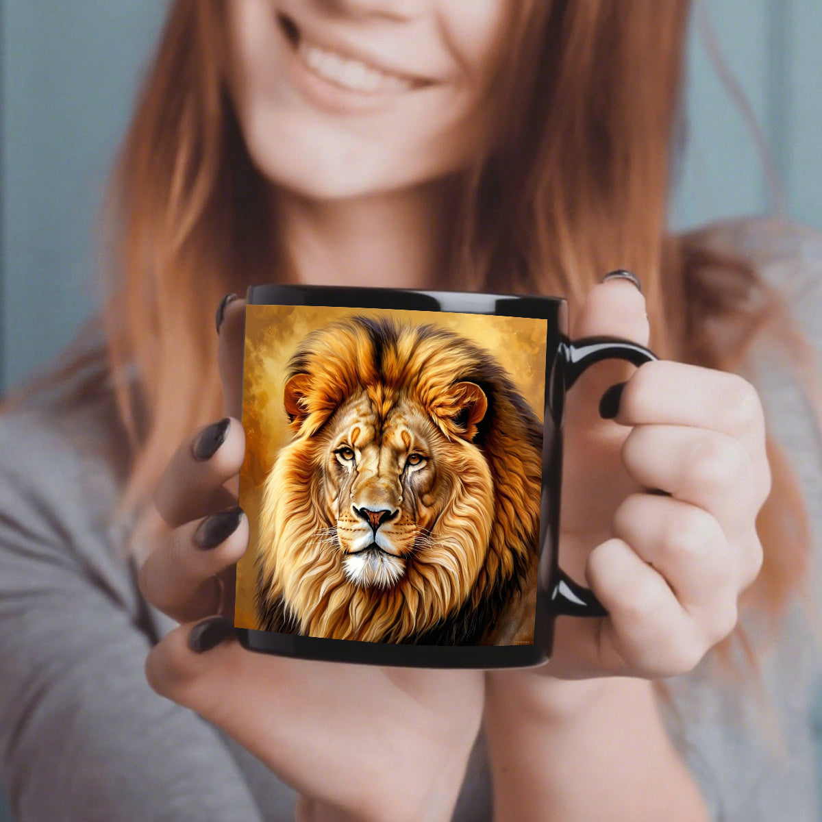 1pc Lion Design Mug - Elegant Lion Face Coffee Cup with Black Interior, 11oz Heavy-Duty Ceramic Cup for Hot/Cold Drinks, Birthday/Anniversary Gifts, Home, Office, or Kitchen - Lion Lovers Gift (Men & Women) - Durable & Easy-C