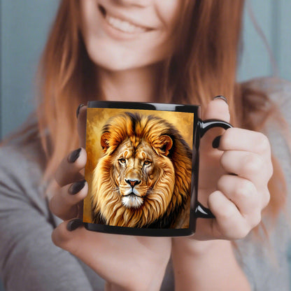 1pc Lion Design Mug - Elegant Lion Face Coffee Cup with Black Interior, 11oz Heavy-Duty Ceramic Cup for Hot/Cold Drinks, Birthday/Anniversary Gifts, Home, Office, or Kitchen - Lion Lovers Gift (Men & Women) - Durable & Easy-C