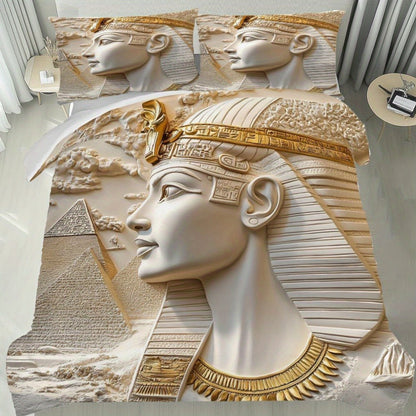 MOKALALA 3pcs Egyptian Pharaoh Bedding Set - King Tutankhamun Design with Golden & Beige Ancient Egypt Patterns, 1 Duvet Cover + 2 Pillowcases, All-Season Luxury Bedspread for Themed Home Decor, Christmas Gift Idea, Machine W