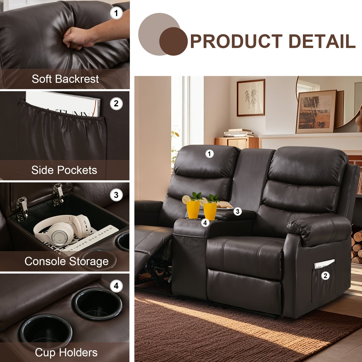Office Reclining Loveseat, Manual RV Recliner Sofa With Console & Cup Holders & Pockets, Faux Leather Upholstered