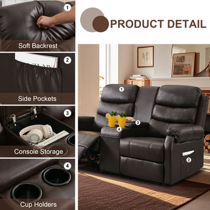Office Reclining Loveseat, Manual RV Recliner Sofa With Console & Cup Holders & Pockets, Faux Leather Upholstered