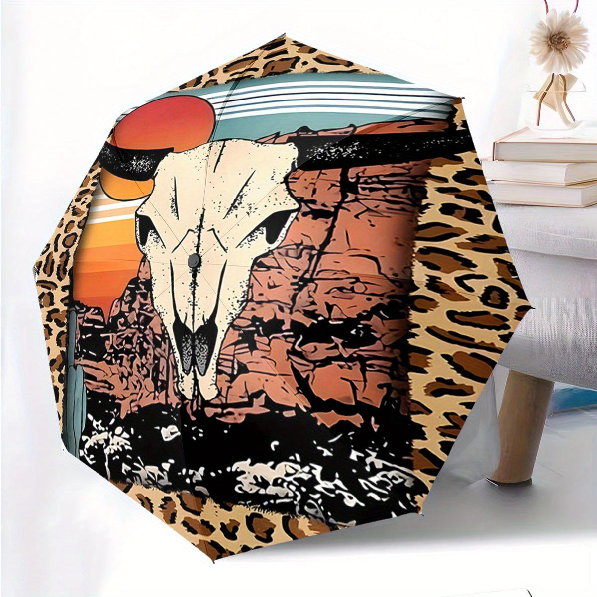 Automatic Open/Close Umbrella with Cow Skull & Desert Sunset Design - Leopard Print, Windproof 8-Rib Collapsible Umbrella, Portable All-Season Outdoor Accessory, Unique Gift for Christmas, Birthday, Festival, Umbrella Heavy D