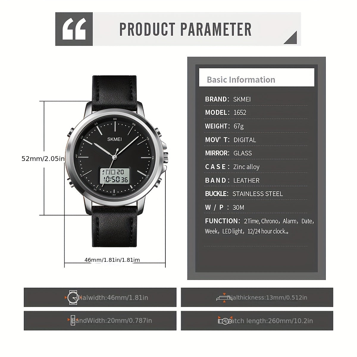 SKMEI Unisex Round Multi-functional Stopwatch Dual Time Display EL Light Digital Analog Quartz Watch  Strap Sports Leisure Business Watch Black