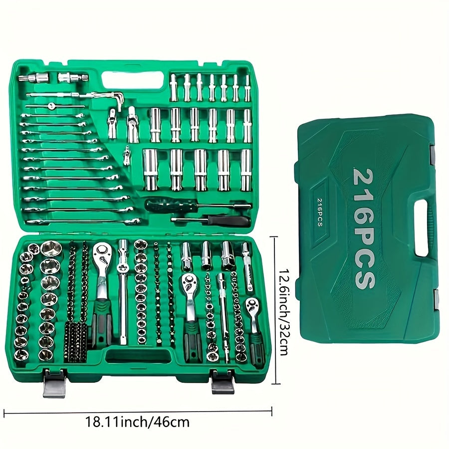 High-End Professional 216/53pcs Mechanic Tool Set, 1/2 *1/4" 3/8 "Drive Depth And Standard Sockets, Ratchet Wrench Set, Torque Wrench, Mechanictool Kits for Auto Parts Repair And Household Mechanical Tool Kit, for Car Bike Re