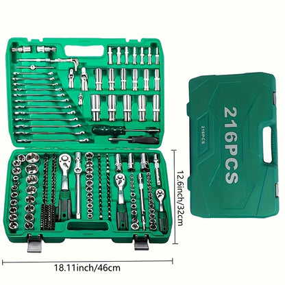 High-End Professional 216/53pcs Mechanic Tool Set, 1/2 *1/4" 3/8 "Drive Depth And Standard Sockets, Ratchet Wrench Set, Torque Wrench, Mechanictool Kits for Auto Parts Repair And Household Mechanical Tool Kit, for Car Bike Re