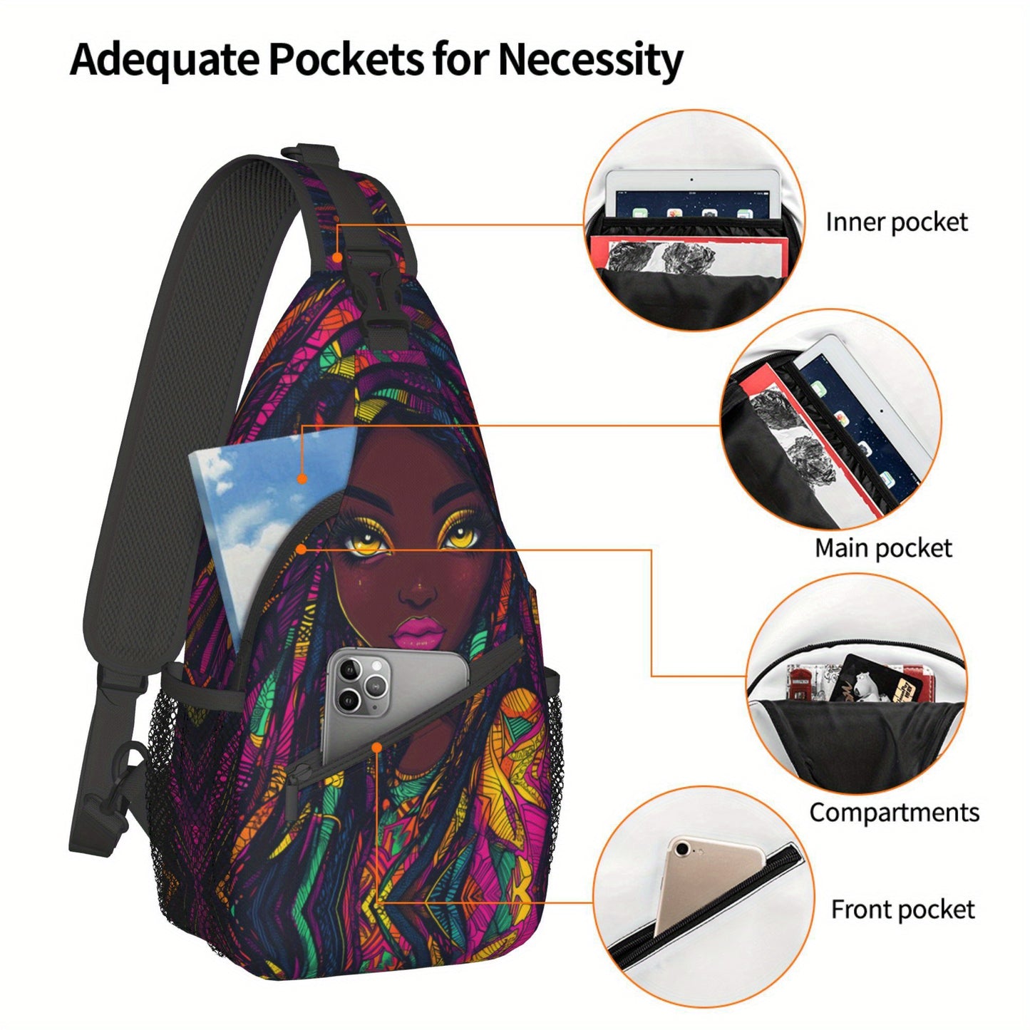 Women's African Print Crossbody Bag - Large Capacity Chest Bag with Zipper Closure, Bold African Woman Portrait in Purple, Blue, Yellow, Green, Red - Durable Gym, Travel, Everyday Bag for Women - Easy-Care Hand Washable Desig