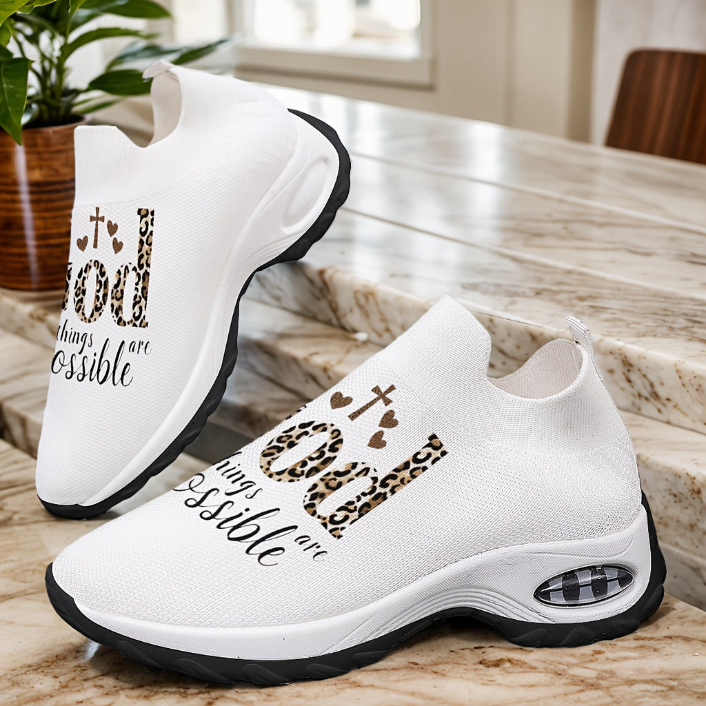 Women's Breathable Knit Slip-On Sneakers with Inspirational Quote & Leopard Print - White Fabric Upper, EVA Cushioned Sole for All-Season Comfort, Casual Walking & Outdoor Camping Shoes, Outdoor Sneakers | Leopard Print Sneak