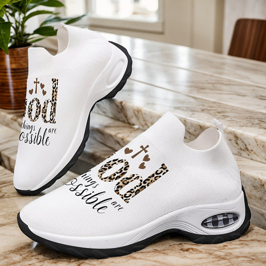 Women's Breathable Knit Slip-On Sneakers with Inspirational Quote & Leopard Print - White Fabric Upper, EVA Cushioned Sole for All-Season Comfort, Casual Walking & Outdoor Camping Shoes, Outdoor Sneakers | Leopard Print Sneak