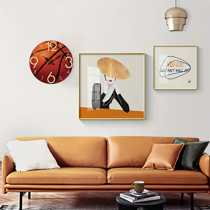1pc Basketball-Themed Round Wall Clock with Wooden Frame, Silent & Battery-Powered (AA Battery Not Included), Ideal for Bedroom, Living Room, Office, Kitchen, or Bathroom Decor, Sports Room Accent|Basketball Design|Silent Ope
