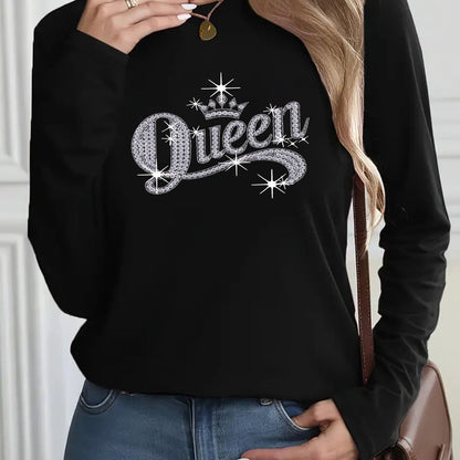 Women's Queen Lettering & Print Sparkling Rhinestone T-Shirt - Long Sleeve Round Neck Casual & Party Wear, Soft Stretchy 95% Polyester/5% Spandex, Queen-Size Lettering ( Accent) for Prom, Weddings, Everyday Outfits