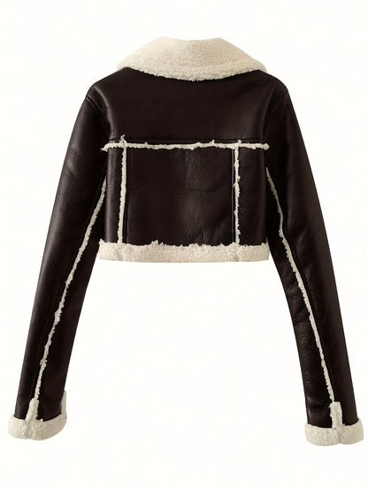 Vintage Street-Style Zip-Up Jacket with Rollable Cuffs, Teddy Lining, Made of, Perfect for Motorcycle Riding.