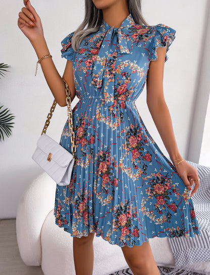 Women'S 2026 Spring Summer Elegant Floral Tie Waist Maxi Flare Pleated Dress | Lightweight, Breathable, Soft, Comfortable, Versatile, Casual Party Dating Daily Going Out Dress, Sleeveless, Crew Neck, Regular Fit