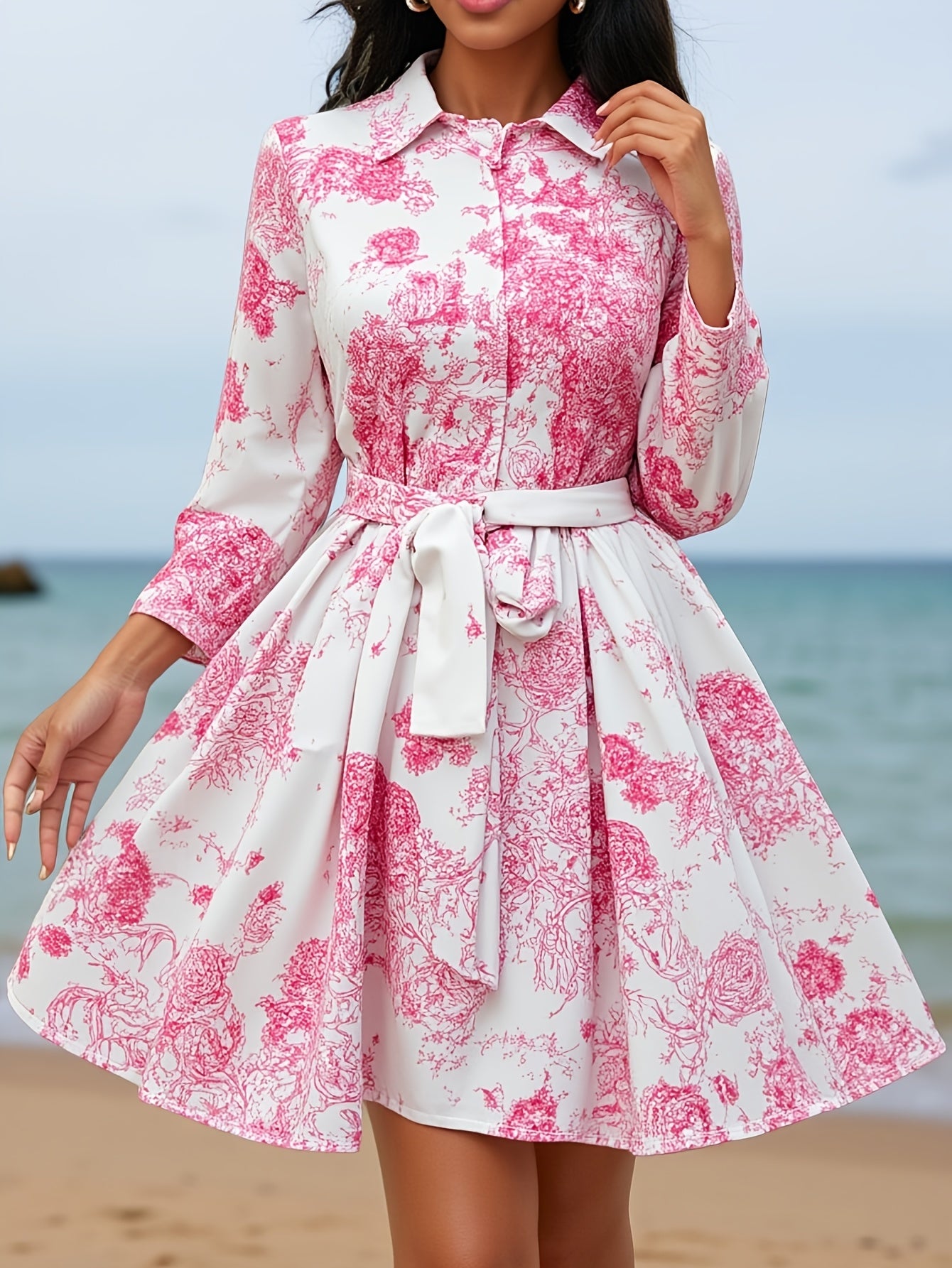 Shirt Collar Pink Floral Tie-Waist Dress | Vintage Sweet Style, Spring Summer Date Party Dress, Fitted with Lace-up Details