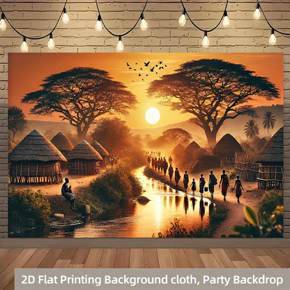 2D Flat, 1pc African Sunset Village Party Banner - 71x91 Inch Durable Polyester Backdrop with Vibrant African Landscape Design, No Power Needed, Easy to Hang for Living Room, Bedroom, Office, Outdoor Decor, Perfect for Weddin