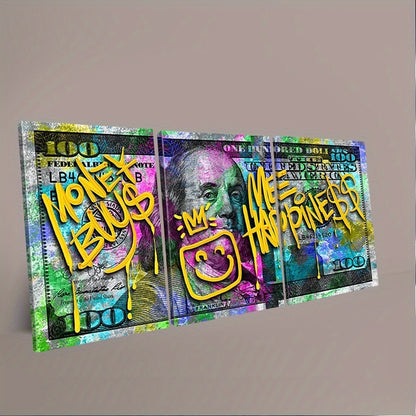 3-Panel Money Wall Art with Graffiti "Money Bus My Happiness" Design - 100 Dollar Bill Canvas Print on Recycled Wood Frame, Vibrant Inspirational Decor for Living Room, Bedroom, Home Office - Ready to Hang, Wall Hanging Decor