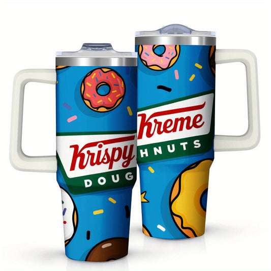 Krispy Kreme Donuts Stainless Steel Travel Mug with Donut Pattern & Logo - Double-Wall Insulated 304 Stainless Steel Cup for Hot/Cold Coffee & Tea, Spill-Proof Lid, Camping & Office Use, Nostalgic Collectible Gift for Fans (B