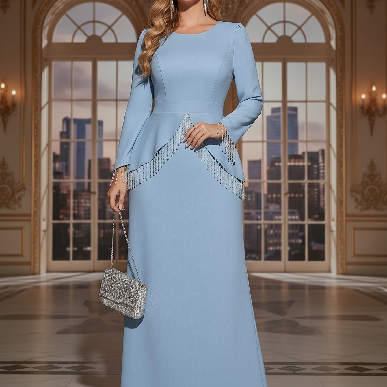 Light Blue Long-Sleeve Dress with Round Neck And Tassel Decoration for Women | Elegant And Sophisticated Minimalist Style Suitable for Everyday Outings And Formal Occasions