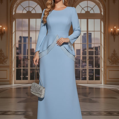 Light Blue Long-Sleeve Dress with Round Neck And Tassel Decoration for Women | Elegant And Sophisticated Minimalist Style Suitable for Everyday Outings And Formal Occasions