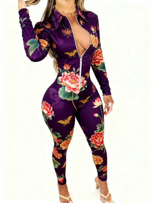 Women's Lightweight Full-Body Animal Print Jumpsuit - Zipper Front/Back Closure Long Sleeve Romper, Tight-Suit Style Collar, Machine Washable All-Season Outfit for Daily Wear, & Smart-Casual (Cute /Deer/Elastic Suit)