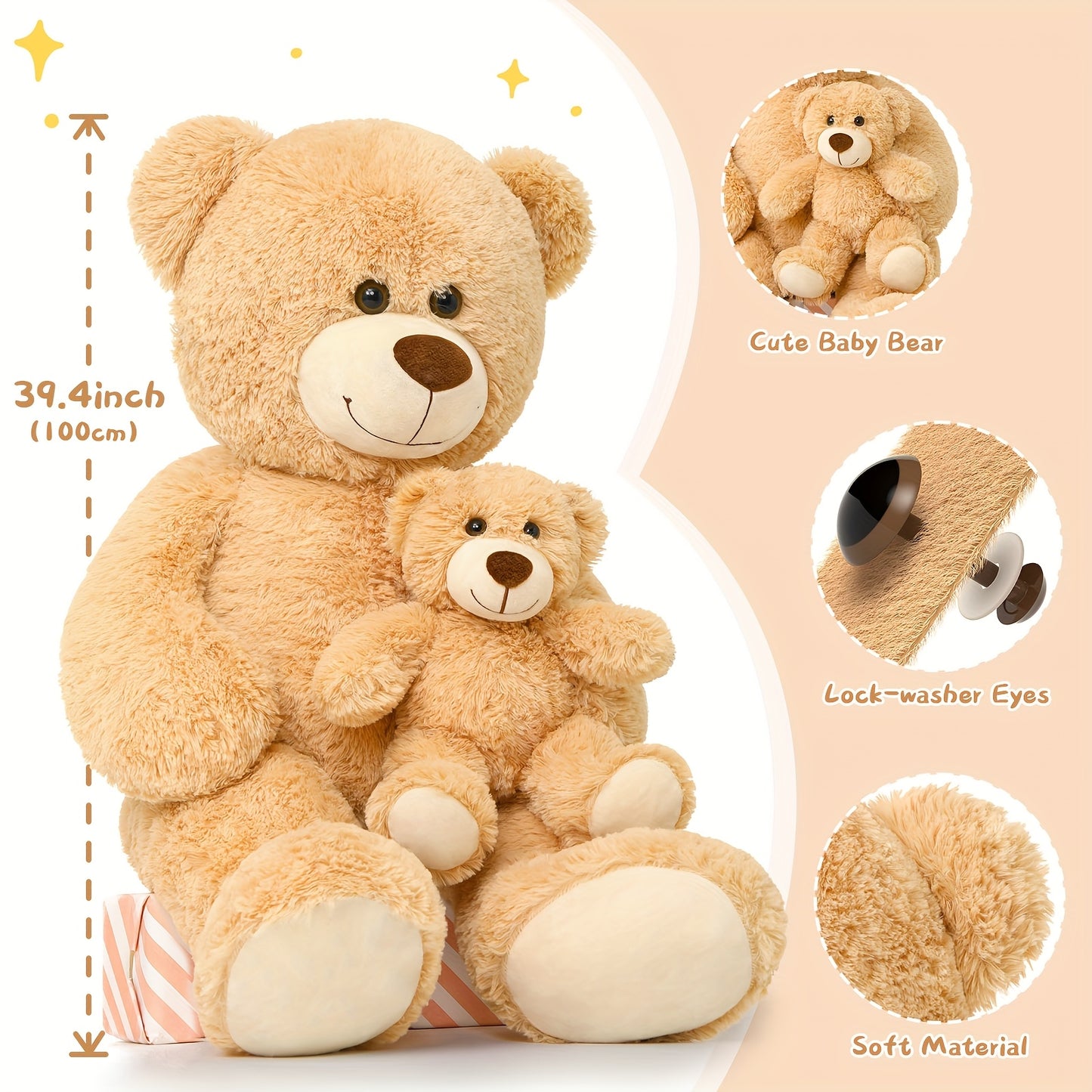 MaoGoLan Giant Teddy Bear Mommy And Baby Bear Soft Plush Bear Stuffed Animal for Teddy Bear Baby Shower, Tan, 39 Inches,  Cute Stuffed Animal, Huggable Plushie, Cozy Plush, Highquality Stuffing, Large Teddy Bear, Animal Lover