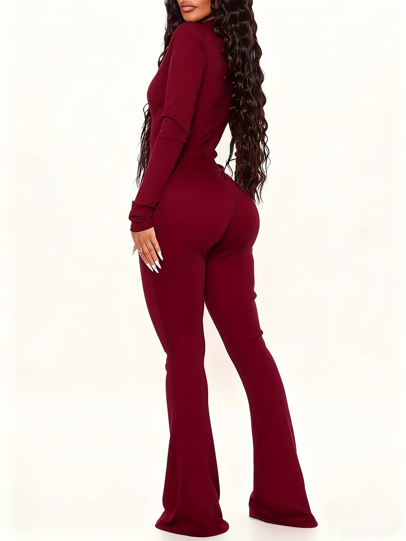 Slim-fit Flared Pants Long Sleeve Half Zipper Collar Onesie | Women'S Autumn and Winter Commuter Fashion Wear, Elegant Solid Color Style