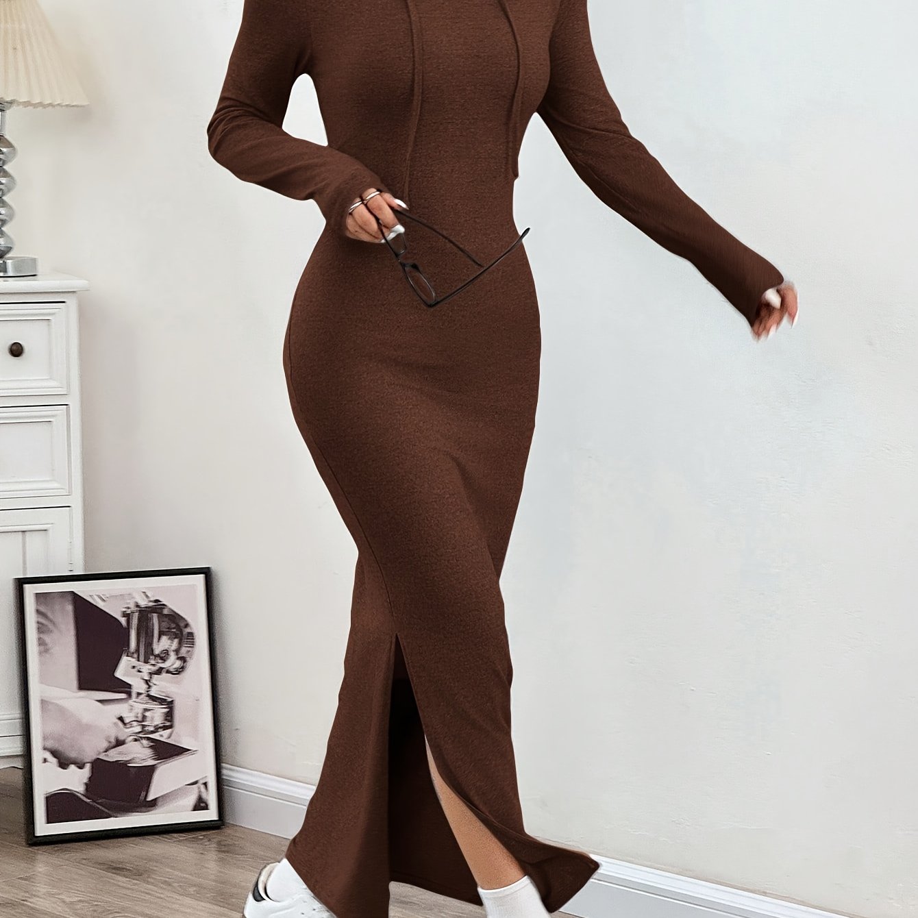 Spring and Autumn New Hooded Long Cross Knee Casual Fashion Dress | Solid Color, Long Sleeve, Bodycon Fit, Slit Hem
