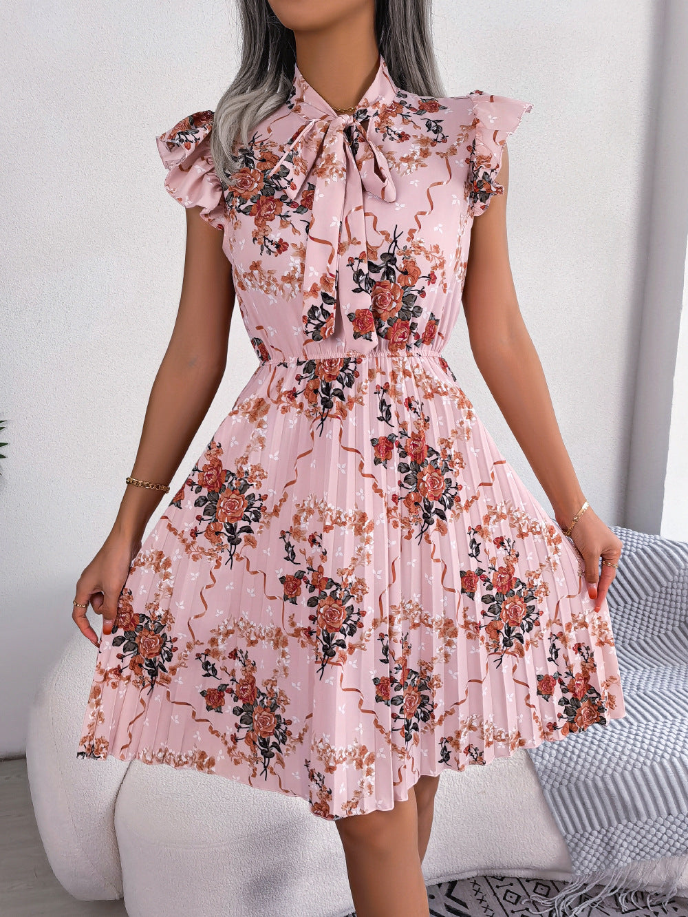 Women'S 2026 Spring Summer Elegant Floral Tie Waist Maxi Flare Pleated Dress | Lightweight, Breathable, Soft, Comfortable, Versatile, Casual Party Dating Daily Going Out Dress, Sleeveless, Crew Neck, Regular Fit
